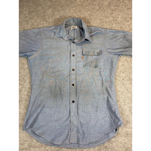 VINTAGE 80s Levis Button Up Shirt Mens Large Blue Chambray Orange Tab Workwear - Picture 1 of 7